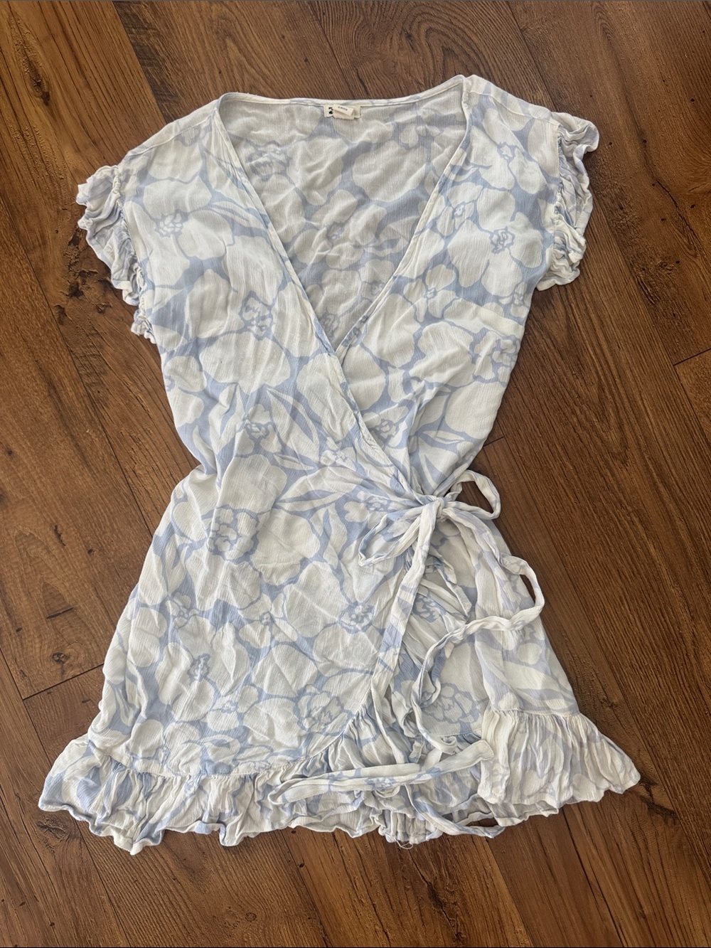 Billabong Pale Blue and White Floral Wrap Tunic with Ruffle Hem